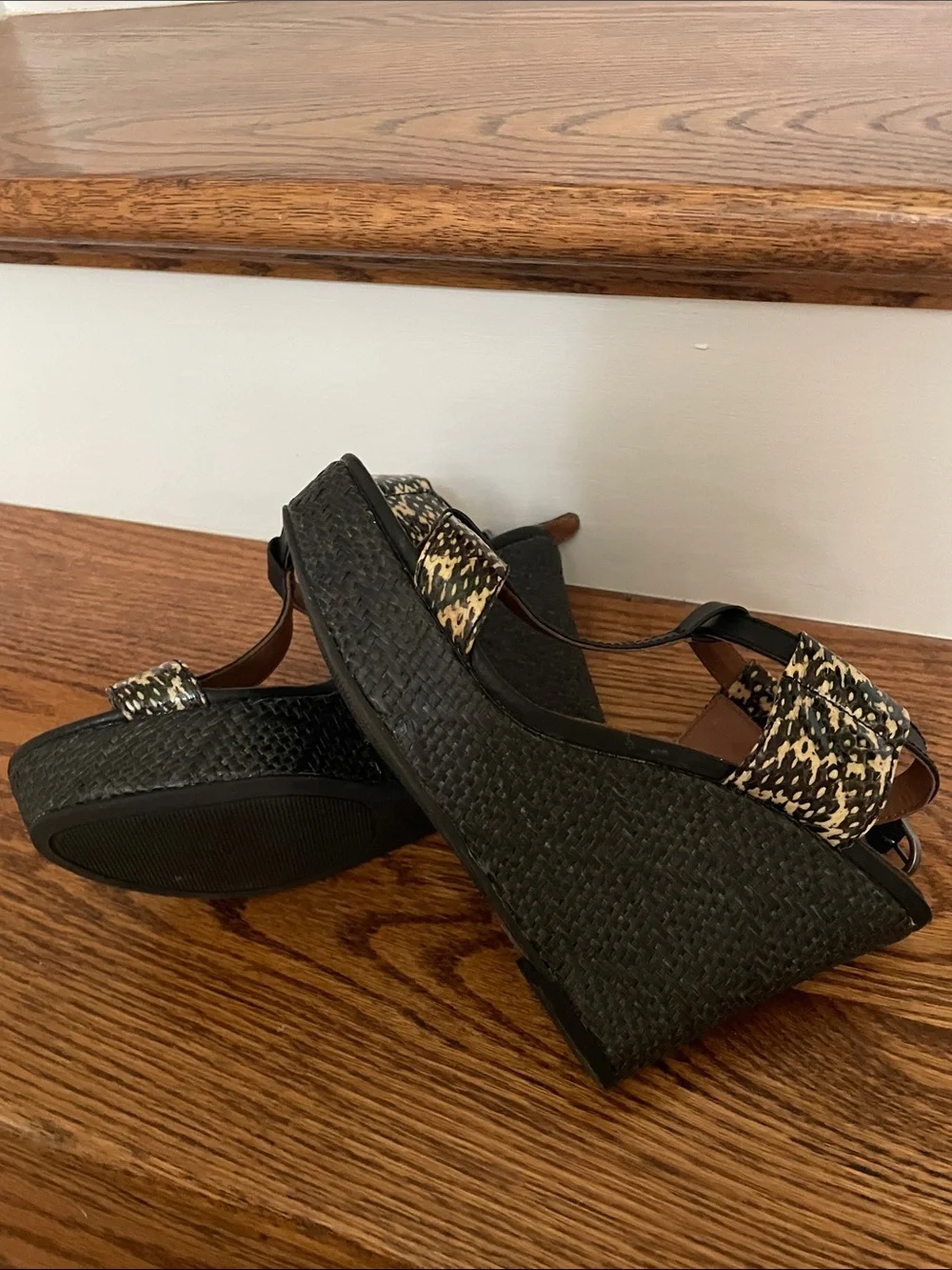 Lucky Brand Black Wedge Sandals with Tan Animal-Print Straps